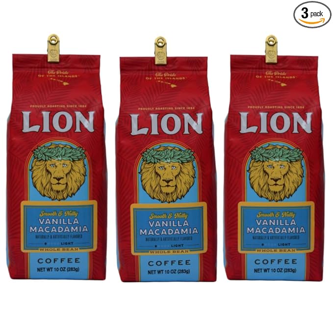 Lion Coffee Arabica Coffee Beans Light Roast Whole Bean Coffee Vanilla Macadamia Flavor A Taste of Aloha 10 Ounce (Pack of 3) Bag