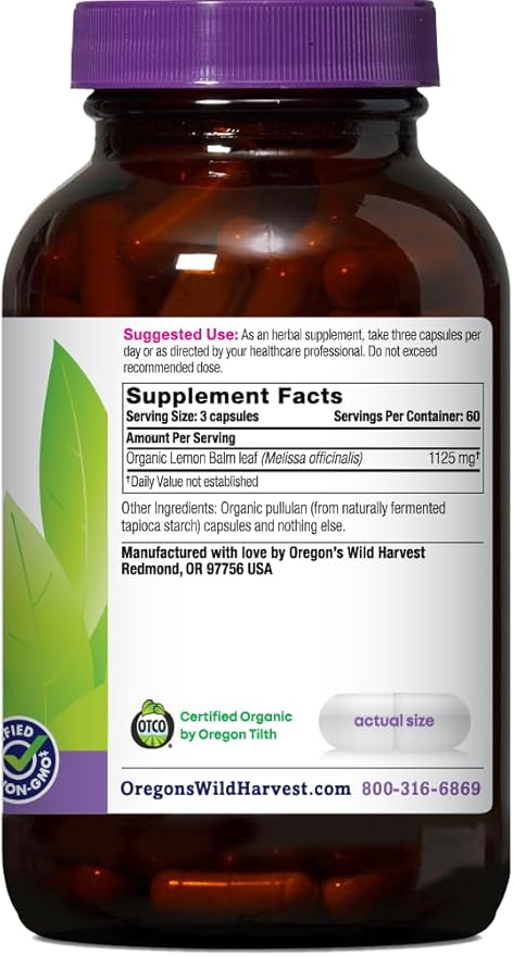 Oregon's Wild Harvest Certified Organic Lemon Balm Herbal Supplement 1125 MGS 180 Count