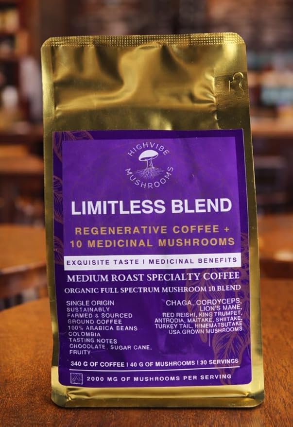 High Vibe Mushrooms LIMITLESS Blend Mushroom Coffee Ground 12 oz Medium Roast Single-Origin Colombian Organic Functional Mushrooms 30 Servings