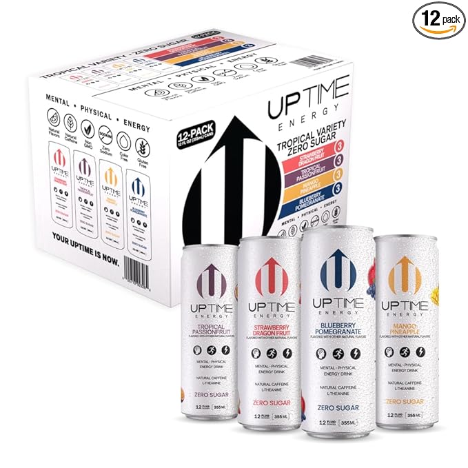 UPTIME - Tropical Variety 12 Pack - Zero Sugar Premium Energy Drink 12oz Cans Natural Caffeine Natural Flavors