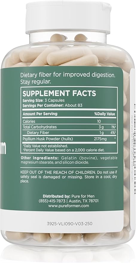Pure for Men Daily Psyllium Husk Fiber Supplement Pure for Her | Digestive Regularity &amp Gut Health Support | Soluble Fiber Powder 2175mg Per Serving | 250 Capsules (2 Pack)
