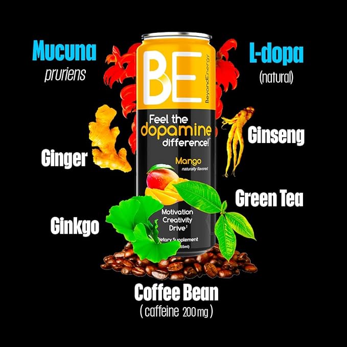 Variety Pack - Herbal Energy Drink with Naturally Sourced L-Dopa Amino Acids &amp Antioxidants 200mg Caffeine - Assorted Flavors 36 Cans (Dark Berry Mango Blood Orange)