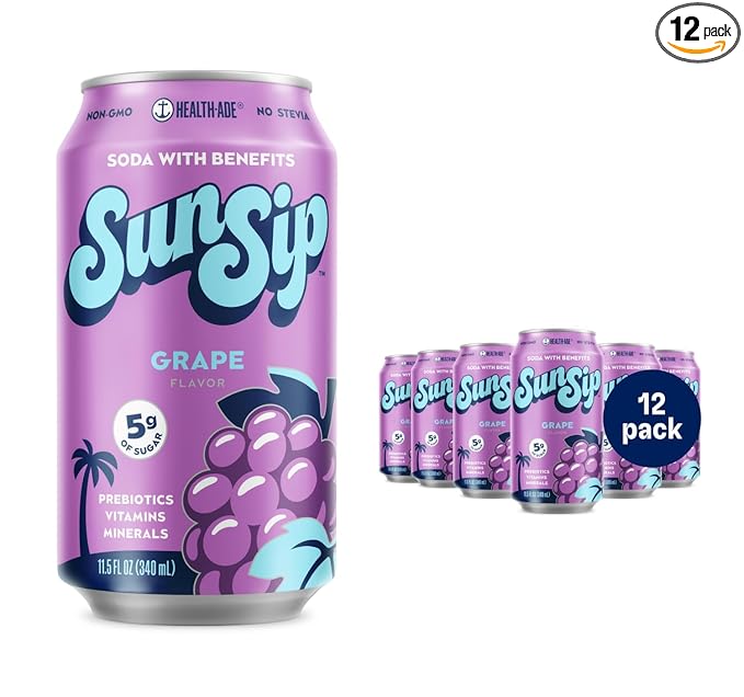 SunSip Prebiotic Soda by Health-Ade Better-for-You Soda Swap Beverage with Vitamins &amp Minerals Naturally Sweetened with 6g of Sugar Grape 11.5 oz (12 Pack)
