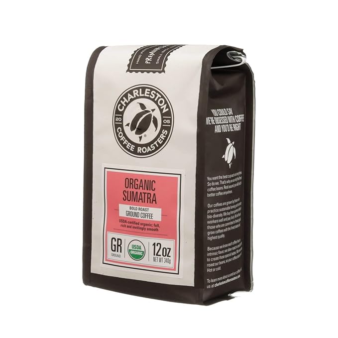 Charleston Coffee Roasters | Specialty Organic Ground Coffee | Hand Picked Premium Slow Roast (Sumatra Bold Roast) 12oz 6 pack
