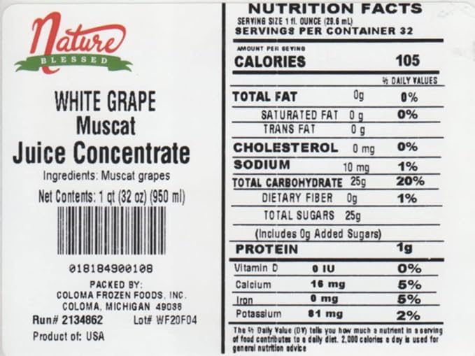 Nature Blessed 100% Pure Muscat White Grape Fruit Juice Concentrate - 1 Quart (1/32 fl oz bottle) Applications: Excellent for Home Wine Making Brewing Distilling Smoothies Mead Jelly