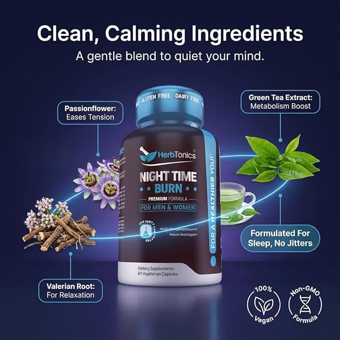 Herbtonics Night Time Burn &amp Sleep Complex Supports Overnight Metabolism Stress Relief &amp Deep Sleep. Includes Melatonin Valerian and Green Tea – Vegan Bedtime Weight Management (60 Capsules)