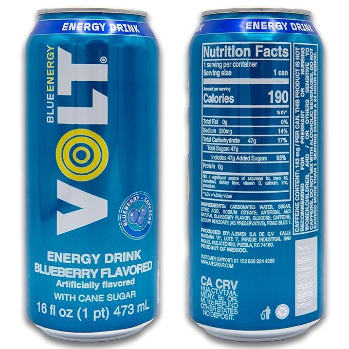 VOLT Energy Drink Mixed Pack – 16 fl. oz. (6-Pack) – 4 Cans of Guarana Yellow &amp 2 Cans of Blueberry Blue