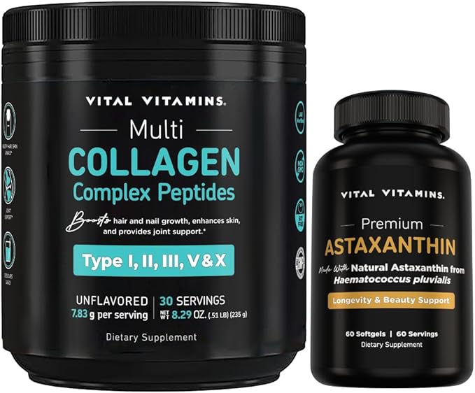 Vital Vitamins Multi-Collagen Powder 30 Servings + Astaxanthin 60 ct