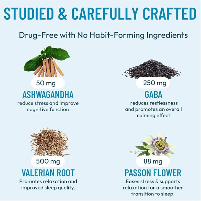 Stress Relief Supplement - Supports Mood &amp Mental Focus - Feel Calm and Relaxed - Eases Tension &amp Nervousness - Ashwagandha GABA Valerian &amp L-Theanine - 60 Capsules