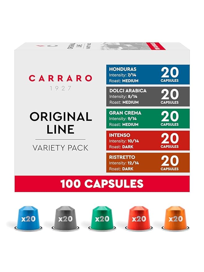 CARRARO 1927 Variety Pack Delicious Espresso Capsules - 100 Aluminum Espresso Pods Compatible with Nespresso Original line Medium and Dark Roast Made in Italy