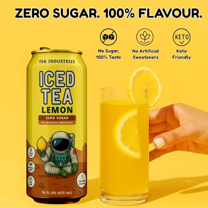 Tea Industries Black Tea with Lemon Iced Tea – Sugar Free Low Calorie Citrus Flavor Electrolyte Drink for Hydration 16oz Cans (12-Pack)