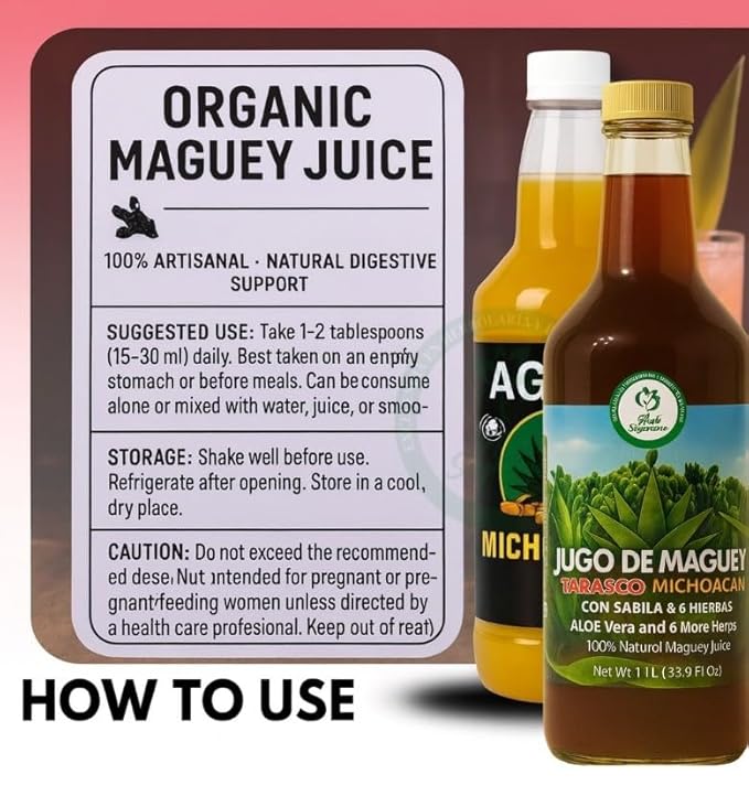 Maguey Jugo(Juice) w/ Aloe Vera &amp 6 Herbs (Sábila y 6 Hierbas)–1000 ml (1 L) Pure Agave Juice – 100% Artisanal Vegan Non-GMO–Natural Digestive Support – Rich in Vitamins B2 B3 &amp C IronCal