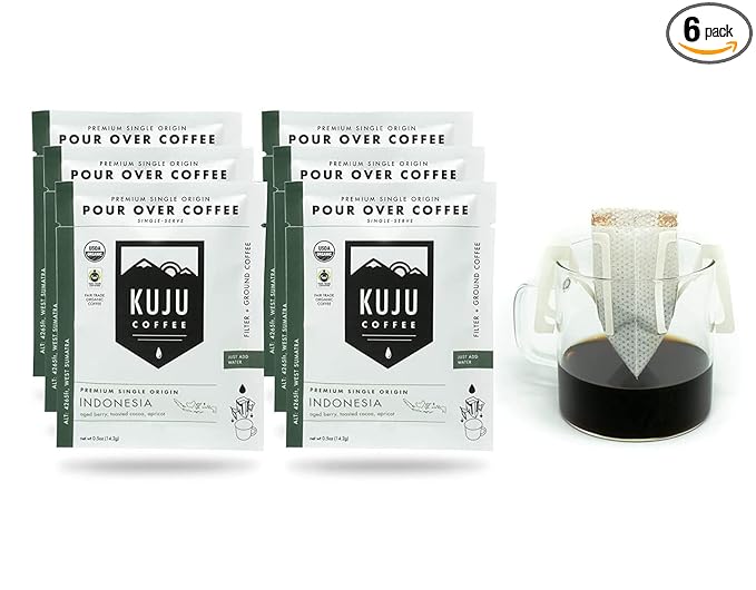 Kuju Coffee Premium Pour Over Individual Coffee Packets - Backpacking Travel Camping Organic Coffee Singles - Fair Trade &amp Eco-Friendly - Indonesia - West Sumatra 6-pack