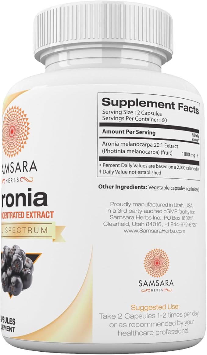 Samsara Herbs Aronia Berry 20:1 Extract (120x500mg Capsules) - Antioxidant Flavonoids and Polyphenols Supplement - High ORAC - Native American Berry - Improved Wellbeing