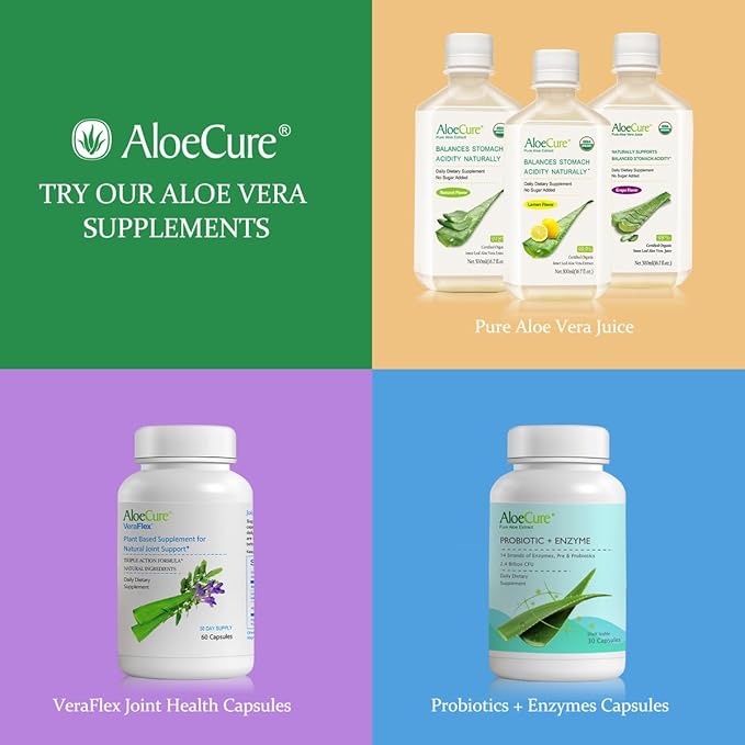 AloeCure USDA Organic Aloe Vera Juice Made Within 12 Hrs of Harvest - Pure Aloe Juice Natural Digestive Supplement to Support Digestion Immune System and Balanced Stomach Acidity 2 x 500ml Bottles