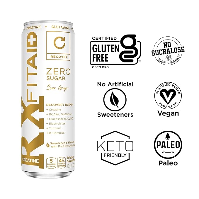 FITAID Rx Zero Keto-Friendly Number 1 Post-Workout Recovery Drink 0g Sugar Quercetin Creatine BCAAs Green Tea 5 Calories 12 Fl Oz (Pack of 12)