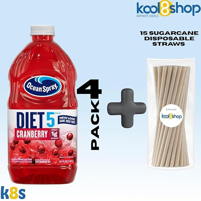 Ocean Spray Diet Cranberry Juice Drink 64 fl oz Plastic Bottle 4 Pack + 15 Sugarcane Disposable Straws by KOOL8SHOP Infinite Deals