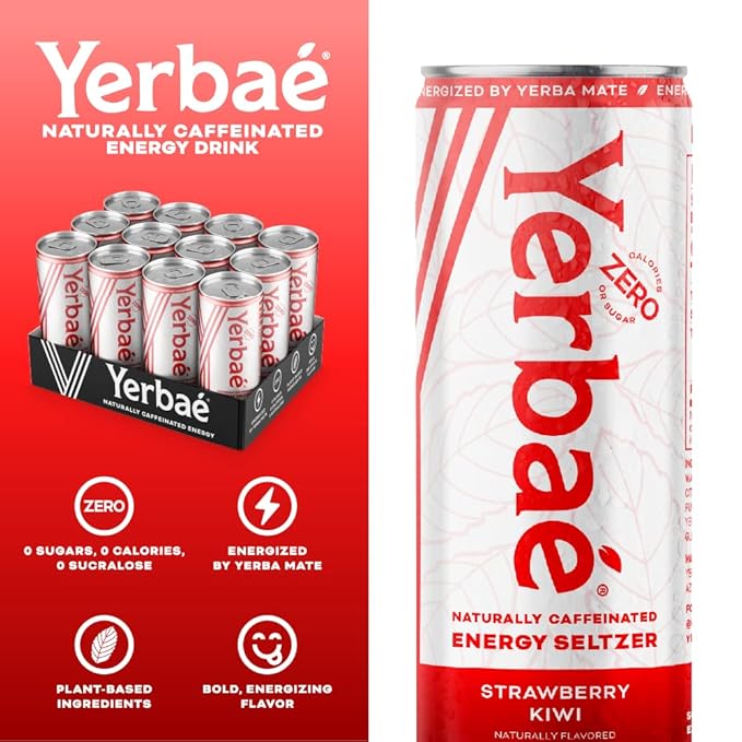 Yerbaé Energy Seltzer - Strawberry Kiwi No Sugar/Calories/Carbs. Energized by Yerba Mate Naturally Caffeinated Plant-Based Healthy Alternative to Coffee/Sugary Sodas Pack of 12 12oz cans