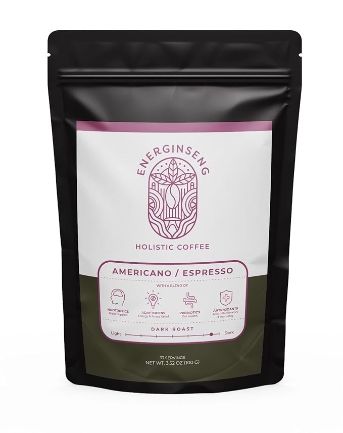 Energinseng Instant Americano/Espresso Mushroom Coffee – Unsweetened Black Adaptogen Coffee with Lion’s Mane Reishi &amp Ginseng – Instant Coffee for Focus &amp Clean Energy – 3.5oz