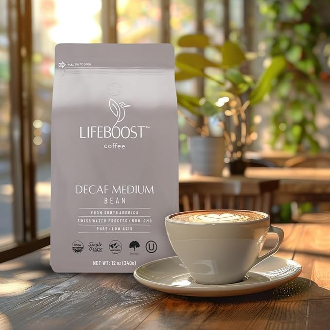 Lifeboost Medium Roast Swiss Water Decaf Whole Bean Coffee - Low Acid Organic Decaf Coffee Non-GMO USDA Organic Single Origin Third-Party Tested for Mycotoxins &amp Pesticides - 12 oz Bag