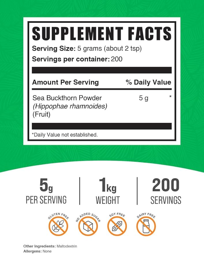 BulkSupplements.com Sea Buckthorn Powder - Omega 7 Supplement Superfood Powder Sea Buckthorn Berry Supplement - Vegan &amp Gluten Free 5g per Serving 1kg (2.2 lbs) (Pack of 1)
