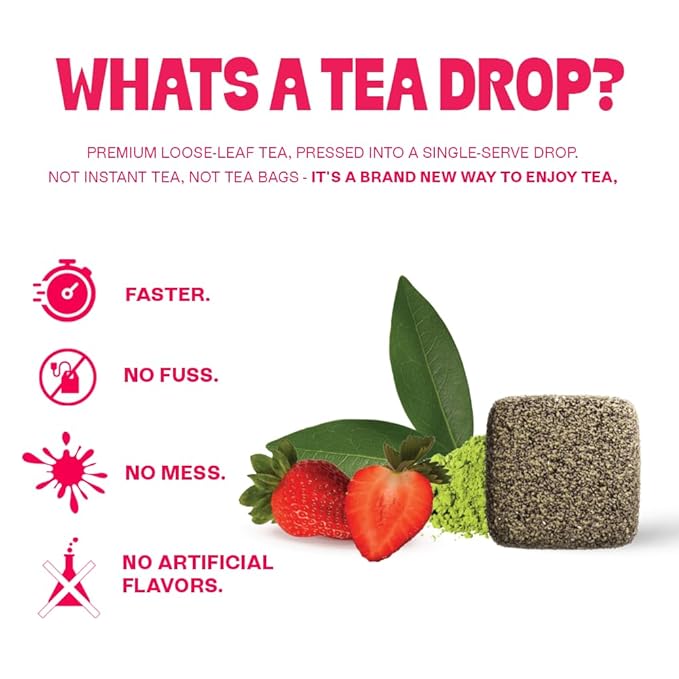 Tea Drops 30 Bulk Pack Organic Strawberry Matcha Bagless Tea - Loose Leaf Lightly Sweetened On-The-Go. Plastic-Free - Iced or Hot