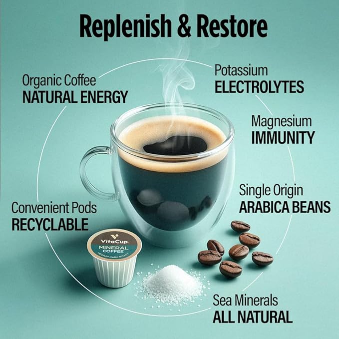 VitaCup Mineral Coffee Pods with Trace Minerals Hydrate Replenish &amp Restore w/Sea Minerals Electrolytes Organic Coffee Medium Dark Roast Single Serve Pod Compatible w/Keurig K-Cup Brewers6