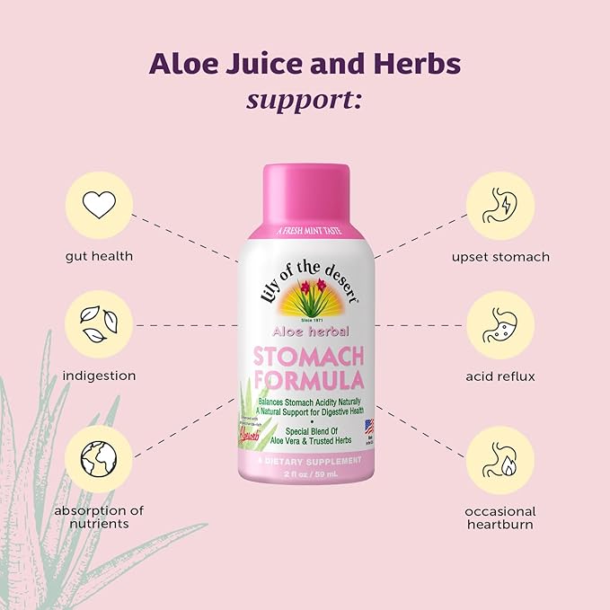 Lily of the Desert Stomach Formula Shot – Organic Aloe Vera Juice with FOS Prebiotic and a Proprietary Herbal Blend 2 Oz Each Pack of 12