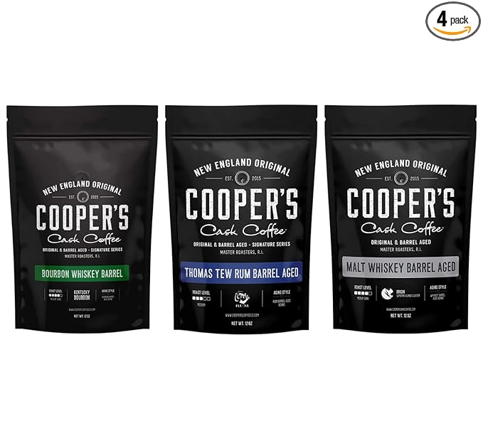 Cooper's Cask Coffee - Single-Malt Whiskey Rum &amp Bourbon Barrel Aged Coffee Whole Bean Dark Roast 12oz (36oz Total 3 Bags)