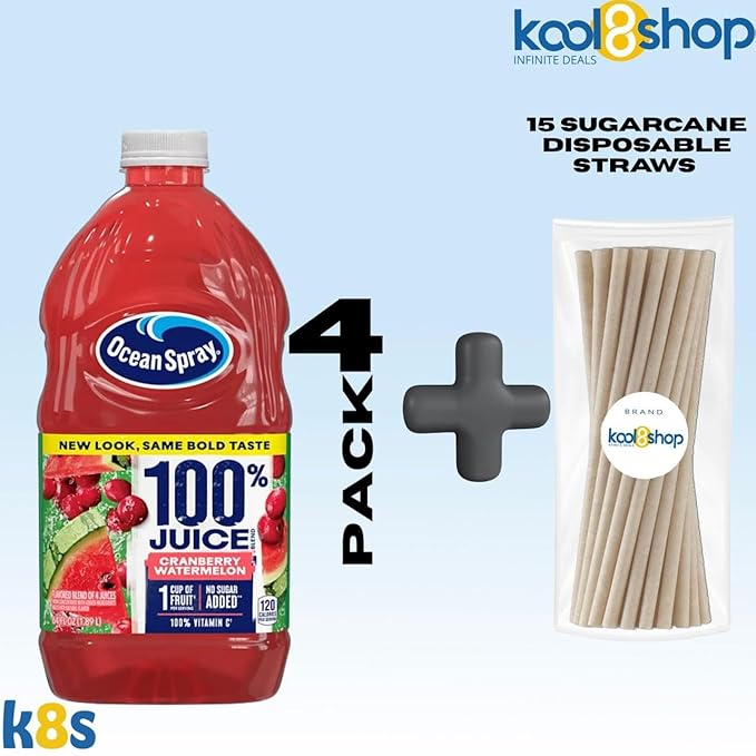 Ocean Spray Cranberry Watermelon 100% Fruit Juice No Added Sugar 64 fl oz 4 Pack + 15 Sugarcane Disposable Straws by KOOL8SHOP Infinite Deals