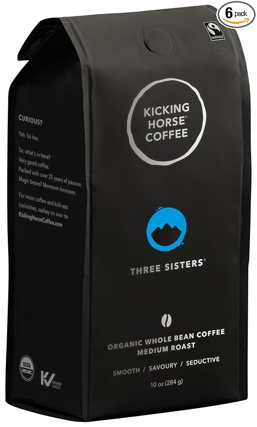Kicking Horse Coffee Three Sisters Medium Roast Whole Bean 10 Oz - Certified Organic Fairtrade10 Ounce (Pack of 6)