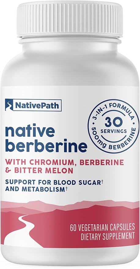 NativePath Native Berberine HCl 3-in-1 Complex with Chromium &amp Bitter Melon Extract - 500mg Premium Metabolic Support - 60 Capsules