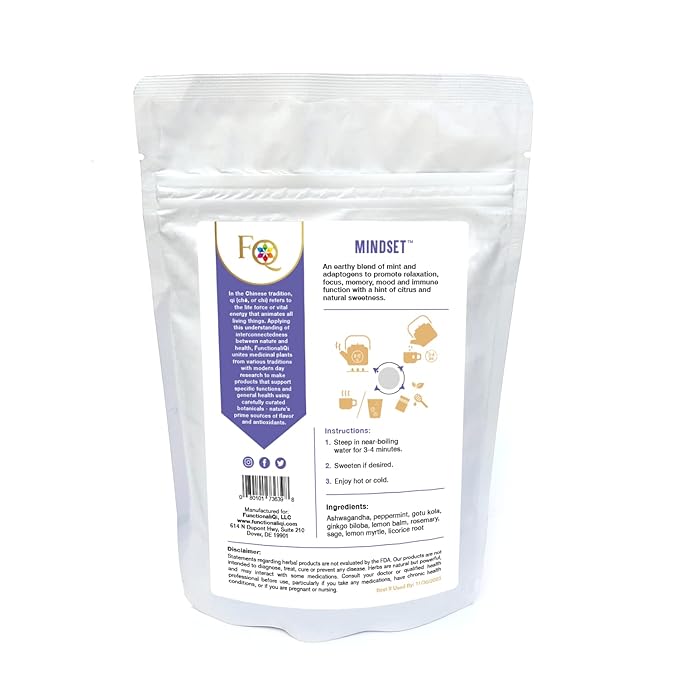 FunctionaliQi Mindset Peppermint Herbal Tea Bags for Mind Focus Supplement with Ashwagandha Rosemary Sage Gotu Kola Ginkgo Biloba Lemon Myrtle (14 Tea Bags)