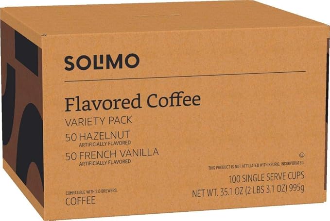 Amazon Brand - Solimo Variety Pack Light Roast Coffee Pods Hazelnut and French Vanilla Flavored Compatible with Keurig 2.0 K-Cup Brewers 100 Count