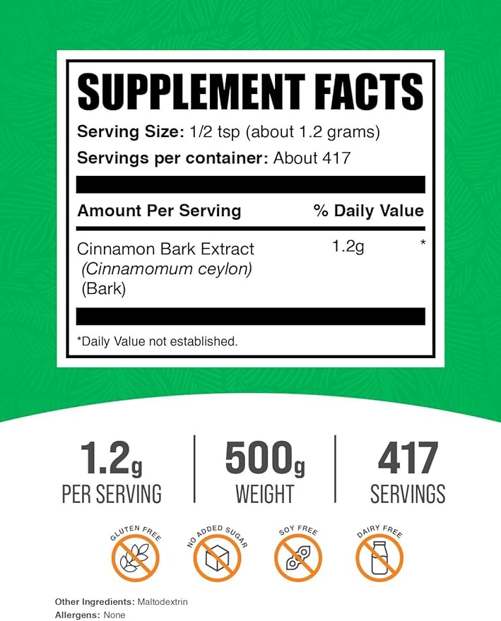 BulkSupplements.com Cinnamon Bark Extract Powder - Ceylon Cinnamon Supplement Herbal Supplement - Vegan &amp Gluten Free 1.2g per Serving 500g (1.1 lbs) (Pack of 1)
