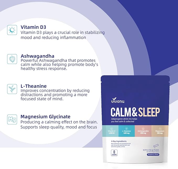 VivoNu Calm &amp Sleep Powdered Drink Mix Raspberry L Theanine Ksm-66 Ashwagandha Magnesium Glycinate Vitamin D 3 Supplements for Relaxation &amp Focus No Sugar Non GMO