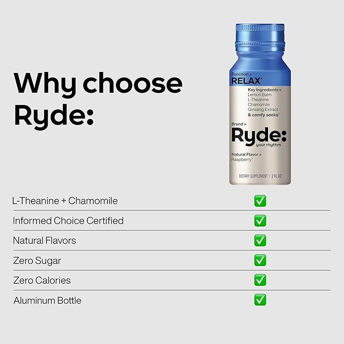 Ryde: Relax Shot | Raspberry Flavor | Lemon Balm L-Theanine Ginseng &amp Chamomile | 0 Calories 0 Sugar | 2 FL OZ Shots | Helps You Relax* (8 Pack)