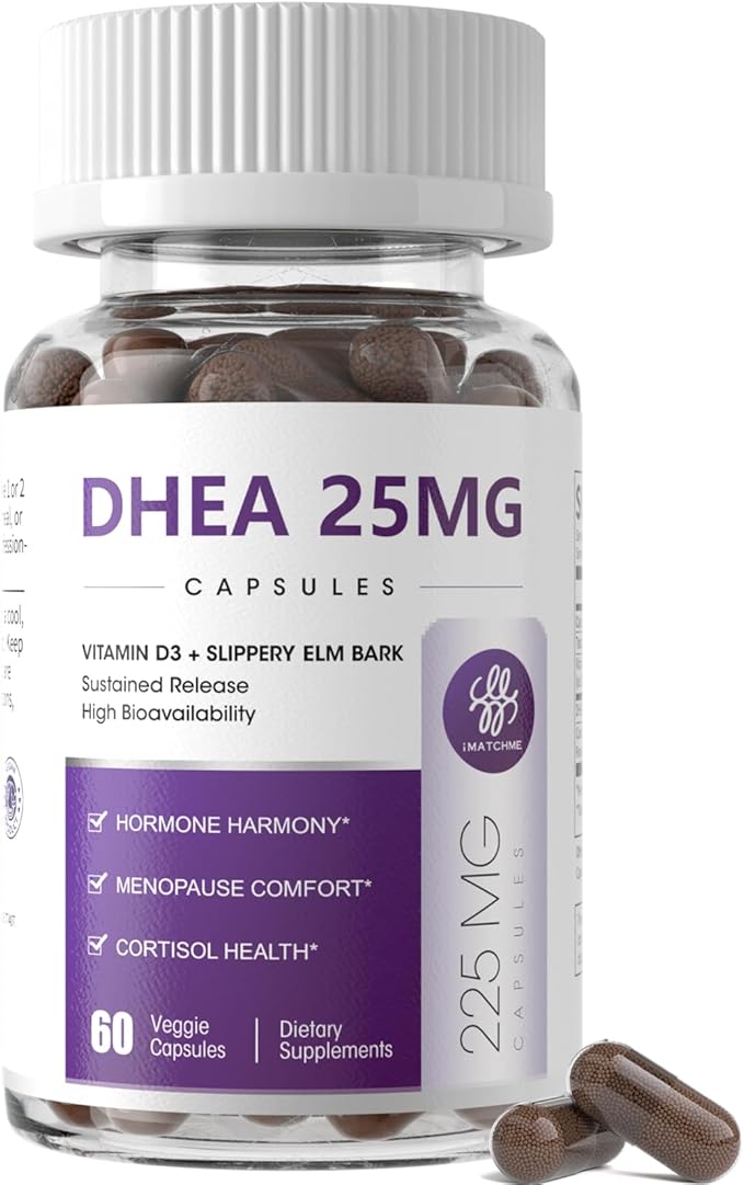 iMATCHME Women's DHEA 25mg Supplement with Vitamin D3 &amp Slippery Elm – Daily Hormone Support for Energy Mood Immune &amp Healthy Aging – Gentle Balance Formula Vegan Capsules 60 Count