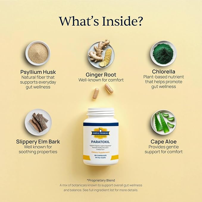 Paratoxil - Daily Gut Cleanse with Psyllium Husk Fiber &amp Black Walnut for Humans - with Slippery Elm Aloe Chlorella &amp Ginger - Natural &amp Plant-Based Cleanse - 60 Capsules