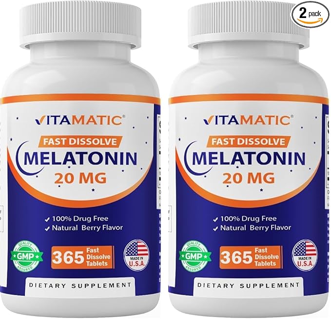 Vitamatic Melatonin 20 mg Tablets | Vegetarian Non-GMO Gluten Free | 1 Year Supply | Natural Berry Flavor - 365 Tablets (Pack of 2)