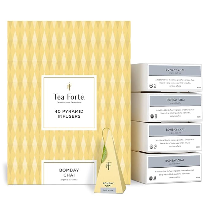 Tea Forte Bombay Chai Premium Caffeinated Black Tea Blend Event Box Bulk Pack 40 Count 10 per tray Individually Wrapped Handcrafted Pyramid Infusers