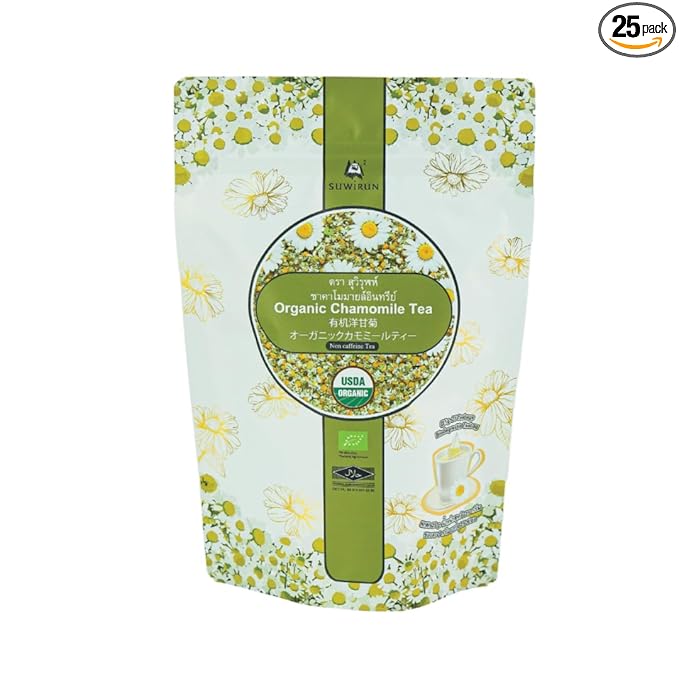 Suwirun Organic Chamomile Tea 25 Bags – 100% Chamomile Flowers – Naturally Caffeine-Free Supports Relaxation &amp Sleep – Smooth &amp Soothing Herbal Tea