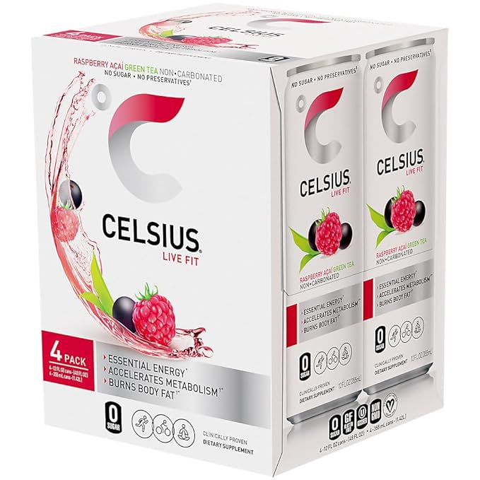 CELSIUS Raspberry Acai Green Tea Functional Essential Energy Drink 12 Fl Oz (Pack of 4)