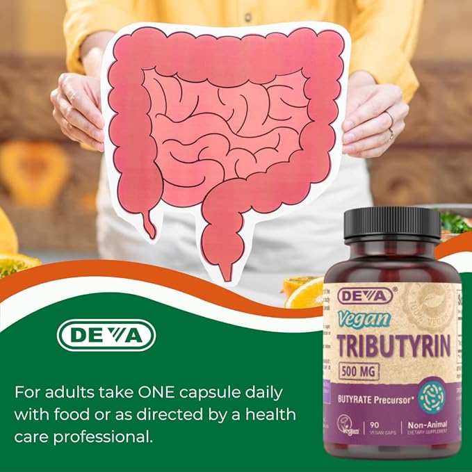 DEVA Vegan Tributyrin Supplement - Butyrate Precursor Gut Barrier Support Butyric Acid 500 MG Vegan Capsules Leaky Gut Support Digestion 90 Count (Pack of 2)
