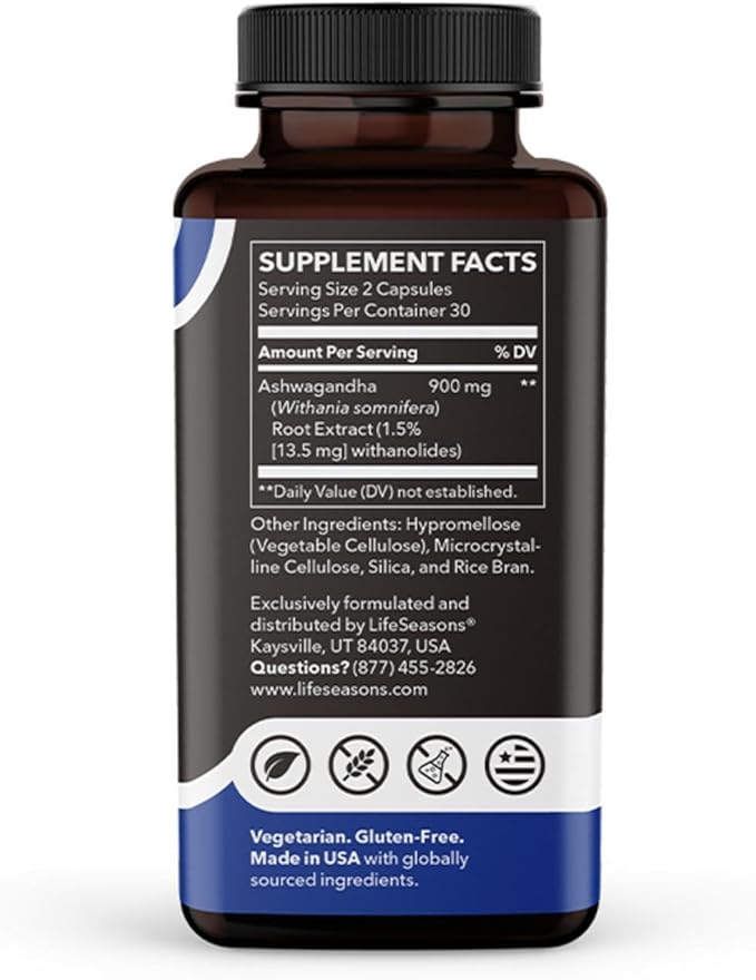 LifeSeasons Essentials Ashwagandha - Stress &amp Sleep Support Supplement - Calm &amp Focused Mind - Improves Athletic Performance &amp Brain Function - 900mg per 2 Capsules - 60 Capsules