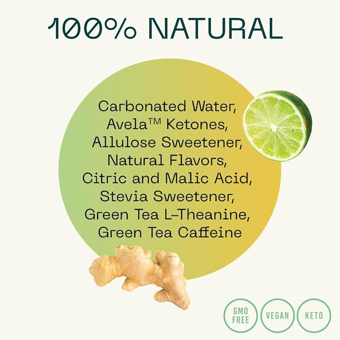 KEY Ketone Drink - Ketones for Energy &amp Focus Sugar Free &amp Low Caffeine from Green Tea with L-Theanine No Crash or Jitters All Natural Lightly Carbonated Ginger Lime (Pack of 12)