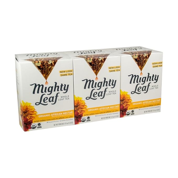 Mighty Leaf Whole Leaf Tea Organic African Nectar 45 Tea Bags (Pack of 3 15CT each) Individual Pyramid-Style Tea Sachets of Uncaffeinated Organic Rooibos Tea Delicious Hot or Iced