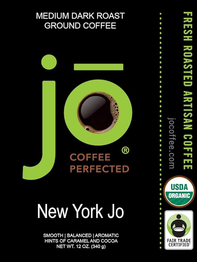 JO COFFEE: New York Jo Signature Blend No Fun Jo Decaf Swiss Water Process Wild Jo Bold Dark Strong Rich and Colombia Jo Medium Roast 12 oz each USDA Certified Gourmet Coffee Gluten-Free