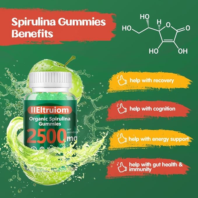 Organic Blue Spirulina Chlorella Gummies 13-in-1 Super Greens &amp Superfoods Spirulina 2500mg Enhanced Daily Energy with Sea Moss Chlorophyll GLA Gluten Free 60 Vegan Gummies