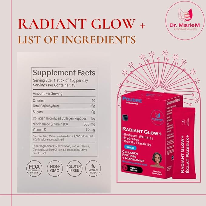 Radiant Glow+ Anti-Aging Powder Supplement – 3.3g Collagen Peptides + 333mg 20mg Niacinamide with HA – Reduces Wrinkles Hydrates &amp Boosts Elasticity – Vanilla Flavor – 15 g/Stick